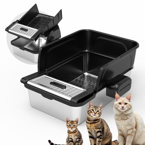 APETDOLA Vaschetta per Lettiera in Acciaio Inossidabile, Lettiera Grande per Gatti, Vaschetta Metallica con Bordi Alti e Facile da Pulire, Pareti Rimovibili Anti-Dispersione, Lettiera Metallica