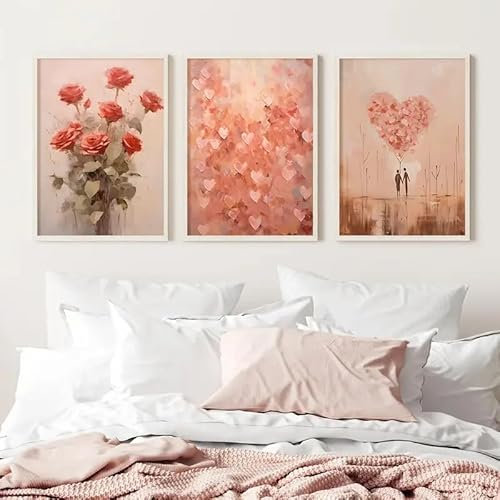 Uixxducc 3er Poster Set Rosa Herz Rose Valentinstag Canvas Landschaft Bilder, Leinwandbilder Wandposter Wanddeko für Wohnzimmer & Schlafzimmer, ohne Rahmen (50x70cm)