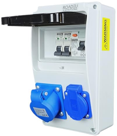 RoadEu - Stromverteiler 230V. Einphasig CEE 16A 3P Steckdose und Schuko Steckdose mit Sicherungsautomat 16A. Steckdosenverteiler 16A mit FI Schalter. Steckdosen integriert mit Sicherungskasten.