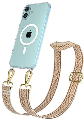 EAZY CASE Handykette - Verstellbares Taschenband kompatibel mit iPhone 16 Plus, Schulterriemen, Handykordel mit Silikon Hülle, Qi Charging kompatibel, Umhängetasche, Beige Braun Gold