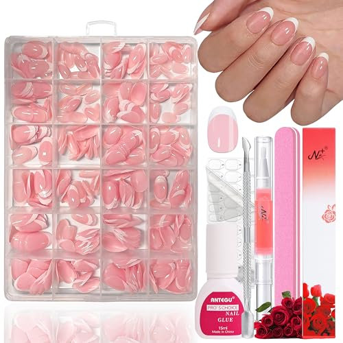 Falsche Nägel Tips Set - 360 Stück Französisch Almond Falsche Nägel Zum Aufkleben - Künstliche Nägel Kurz Quadrat Nail Art Manicure Fake Nails für Damen und Frauen (White almond French)