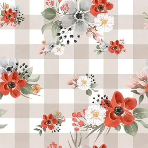 Vichy Papier peint à carreaux avec motif floral, motif de fleurs corail et blanches, gris