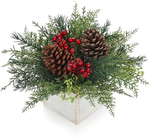Oairse Weihnachtstischdekoration in Holzvase mit Tannenzapfen, roten Beeren | Tabletop Weihnachtsbaum Kunstpflanze für Weihnachtsdekoration Wohnkultur Küche Esstisch, Dekopflanze Zimmerpflanze Tischdeko
