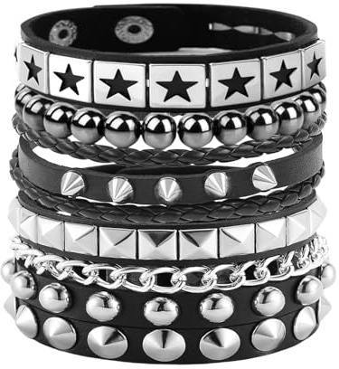 Tosmifairy 4Pcs/Set Fashion Street Hip Hop Leather Studded Cuff Bracelets Multiple Wristbands Bangle Emo Acceossries for 80s Punk Rock Concert Outfit (Stars Studded + Spiked)