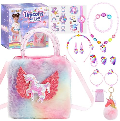 GMUFTIR Licorne Sac a Main Bijoux Enfants Fille, 15 Pièces Sac à Main Licorne, Kit Bijoux Princesse Accessoire, Collier Bracelet Boucles d'oreilles Bagues, Cadeau Fille 3 4 5 6 7 8 Ans
