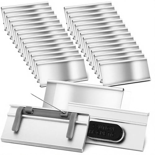 Hicarer 25 Aluminium Namensschilder mit Starkem Doppelmagnet und Anstecknadel Transparente Metall Magnetische Namensschilder Rohlinge Etiketten Halter für Kleidung Ausstellung Schule 72 x 32 mm Silber