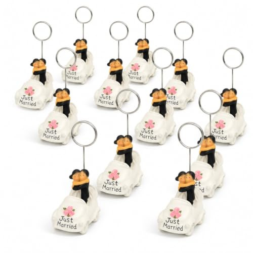 MIJOMA 12er Set Tischkartenhalter Hochzeit Just Married Auto mit Brautpaar – Menükartenhalter Tischdeko Hochzeit, handbemalte Platzkartenhalter aus Polyresin, 8 cm hoch