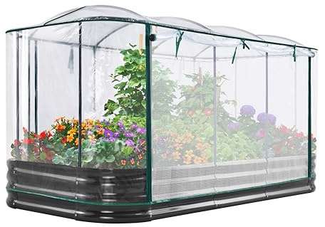 KING BIRD Hochbeet mit Abdeckung, verzinkt, oval, Pflanzkasten, 240 x 120 x 30 cm, transparent, für den Außenbereich, für Gartenarbeit, Gemüse, Blumen