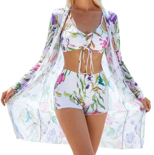 Ensemble bikini 3 pièces pour femme, taille haute, contrôle du ventre, avec couverture légère, haut de bikini réglable à nouer sur le devant