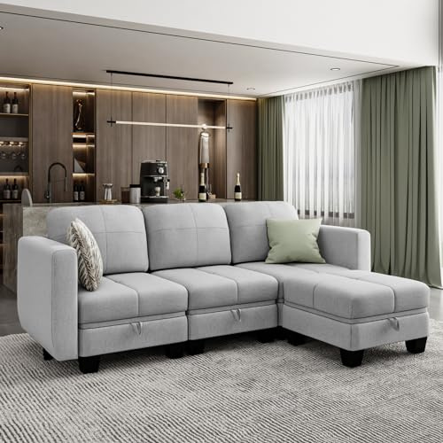 Jooli H 3 Seater Sofa with Movable Ottoman, Fabric Corner Sofa with Hidden Storage and Upholstered Cushions, L-Shaped Modular Sectional Sofa for Living Room and Home Office, Light Grey