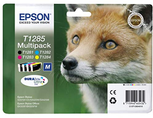 Epson Multipack T1285 Tintenpatrone für Drucker (Original, Tinte auf Pigmentbasis, Schwarz, Cyan, Magenta, Gelb, Stylus S22/Sx125/Sx130, 4 Farben)
