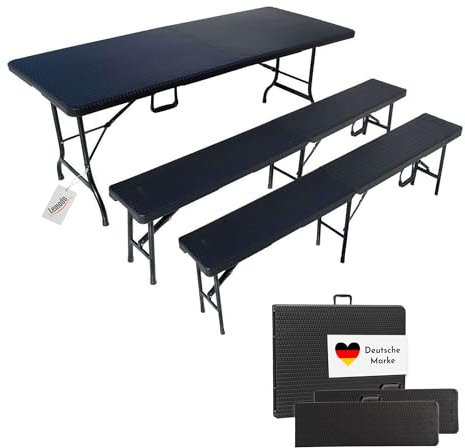 Beach & Pool Bierzeltgarnitur klappbar, 3-teilige Biertischgarnitur, Bierbankgarnitur, Gartengarnitur besteht aus Tisch und Bänke in Rattan-Optik