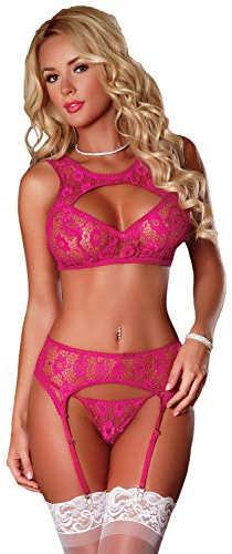 Aranmei Lingerie Femme Sexy Ensemble avec Porte-Jarretelles Hollow Out Soutien Gorge et Culotte Dentelle Brassière,Jarretière,G-String, 3 Pièces (Rose Rouge, L)