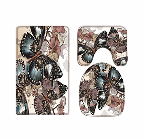 A.Monamour Badezimmer Badematte 3 Teilig Set Vintage Floral Schmetterlinge Muster Wc Sitzbezüge Bad Matte Teppich Für Toilettenzubehör Flanell Saugfähig Badteppiche Badvorleger Badgarnitur WC Vorleger
