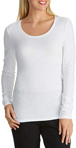 Womens Long Sleeve Stretch Plain Round Scoop Neck T Shirt Top Ladies Fitted Tee (White, 8-10)