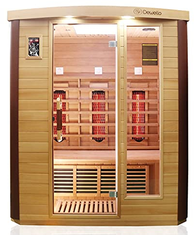 Dewello® Infrarotkabine Infrarotsauna Toronto 160x110 für 2-4 Personen aus Hemlock & Zedernholz mit stufenlos regelbaren Vollspektrumstrahlern, Bodenstrahler, LED-Farblicht, Bluetooth, FM,MP3,USB