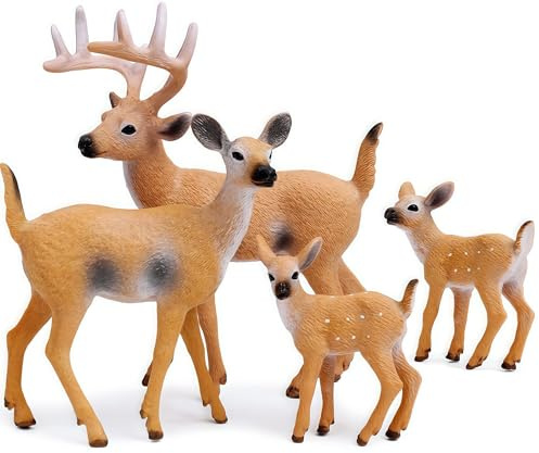 Gemini&Genius Animal Toys Whitetail Deer Figurines with Cub, 4Pcs Reindeer Family Woodland Animal Toys, Great for Kids Party Favors, Treasure Box Prizes, Goodie Bag Fillers, Family Fun or Cake Toppers