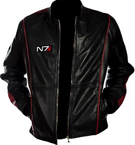 EU Fashions Damen Lederjacke Commander Shepard Street Fighter Mass Effect N7 Logo Schwarz Gr. XL, Schwarz - Mass Effect Echtleder Jacke Herren