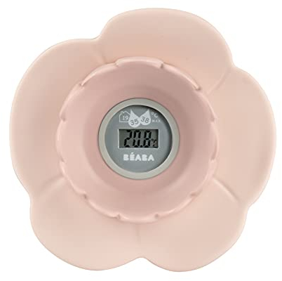 Béaba Thermomètre de bainLotus, Digital, Multifonctions, Prise température de la piéce et du bain, Forme ludique Fleur, Old Pink