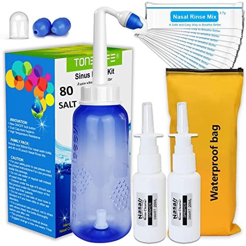 80 Nasal Rinse Mix + Sinus Rinse Kit Neti Pot | Nose Wash Bottle 300ml + 2 Nasal Spray with Waterproof Storage Bag