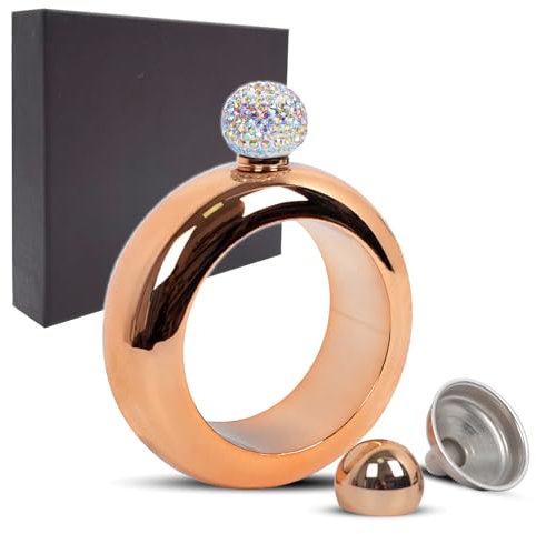 Rigrer Bracelet Hip Flask, Portable 304 Stainless Steel 3.5 oz Funnel Set with Liquids & Crystal Lid - Rose Gold Pocket Flask Alcohol Flask Gift for Women Valentine' s Day
