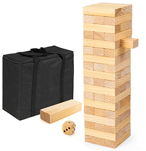 DREAMADE XXL Wackelturm mit 54 Bausteinen & Würfel & Tragetasche, Tumbling Tower aus Kiefernholz, Holzturm, Höhe bis 121cm, für Kinder & Erwachsene, für Outdoor & Indoor