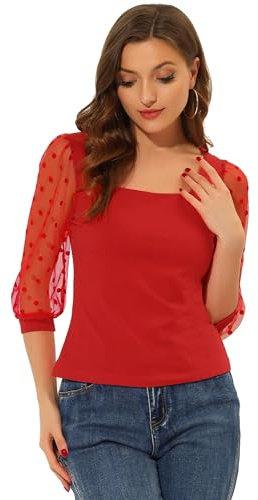 Allegra K Sheer Top for Women, Square Neck Slim Fit Pull Over Elastic, 3/4 Sleeve Blouse Red 4