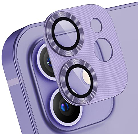 AFARER Lot de 2 protections d'appareil photo en métal pour iPhone 12,9H - En verre trempé HD - Forte adhérence - Installation facile - Anti-rayures - Verre de protection ultra fin - Violet