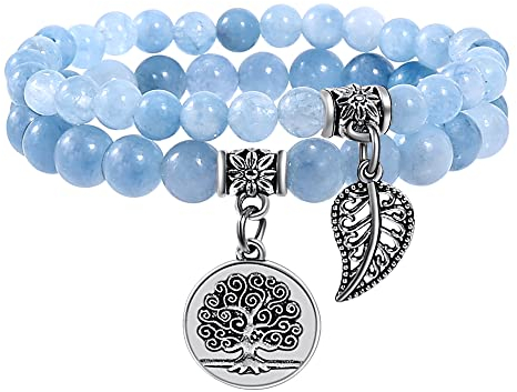 Farfume Chakra Armband Echte Steine, Echte Steine-Edelsteine Armband fur Damen (Aquamarin und Baum des Lebens)