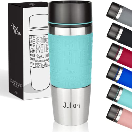 Milu Thermobecher mit Gravur 380ml Geschenkidee personalisiertes Geschenk Geburtstagsgeschenk Weihnachten für Männer Frauen Mama Papa Freundin (380ml, Türkis)