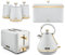 Tower Cavaletto Pyramid Kettle, 2 Slice Toaster, Bread Bin & Set of 3 Canisters in Optic White with Brushed Champagne Gold Accents. Contemporary Matching Kitchen Set of 6 Items in White