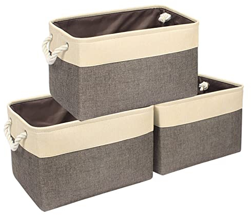 Syeeiex Storage Basket for Shelves [3-Pack], Storage Boxes with Handles, Large Fabric Storage Bins for Organizing Home and Office, White & Khaki