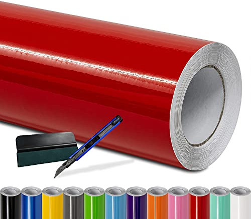 Folindo® Autofolie Rot Glanz (5€/m²) | 30 x 1,52 m | + Rakel & Cutter | Selbstklebende Luftkanal Folie zur Auto Folierung | Blasenfrei