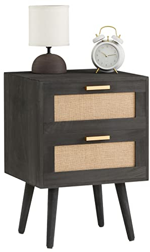CARO-Möbel Nachttisch WAMAN mit 2 Schubladen, Nachtkommode aus Paulownia Holz und Jute Geflecht, Nachtschrank im Retro Design in schwarz, Boho