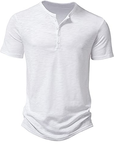 Men's Casual Grandad Collar Henley T Shirt Muscle Fit Summer Smart Short Sleeve 4 Buttons Tee Slim Fitted Collarless Polo T-Shirts Tops-White-XL