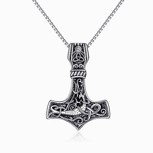 VONALA 925 Sterling Silver Viking Thor's Hammer Pendant Necklace Mjolnir Nordic Runic Talisman Norse Amulet Jewellery Gifts for Men Boyfriend