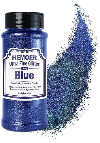 HEMOER Blau Glitzerpulver, 140g Bastel Glitzerpulver für Epoxidharz, DIY Basteln, Feine Handwerk Glitter für Tumbler Malerei Kerze Herstellung; Kosmetischer Glitzer, Haare, Körper Nagel Glitzer