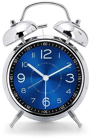 Lafocuse Reloj Despertador Fuerte para Sueño Pesado, Metal Doble Campana, con luz Nocturna, Analógico sin Tictac Reloj Mesita de Noche Moderno para Mesilla Dormitorio Oficina 16cm, Azúl