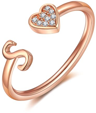 FUNEIA Herz Ring mit Buchstaben Damen Frauen Gold Silber Rosegold Verstellbarer Initiale A-Z Zirkonia Fingerring Stapelring Wasserfest Buchstabering Schmuck Mädchen Geschenkbox