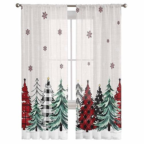 IDOWMAT Durchsichtige Weihnachtsvorhänge, Chiffon, 213 cm, lang, geometrisch, kariert, Weihnachtsbaum, Jute-Unterseite, für Wohnzimmer, Schlafzimmer, Stangentasche, Fenster, Voile, Vorhänge, 132,1 x