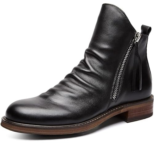 Stivali Medi da Uomo Stivaletti con Cerniera Laterale Scarpe Eleganti Formali con Tacco in Pelle Scarpe Classiche,Nero,48 EU