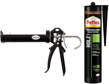 Pattex Montagekleber Holz, für Holz-(werkstoffe), wetterbeständiger, elastischer Holzkleber für innen & außen, Braun (1x420g) & Pattex Profi Metall Kartuschenpistole