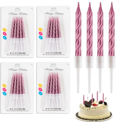 40 Stücke Geburtstagskerzen, Spiral Metallisch Kerzen Geburtstag für Torte, Kuchenkerzen mit Halterung, Kurze Dünne Kerzen für Geburtstag Hochzeit Party Kuchen Dekorationen (Rosa)