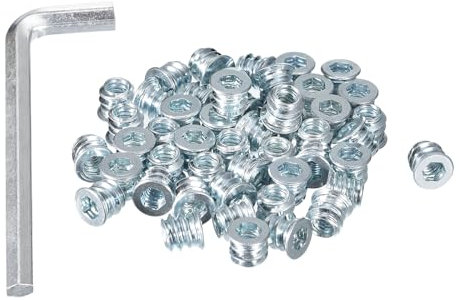 Sourcing Map 50pcs 1/4-20 x 10mm Silver Carbon Steel Wood Insert Nuts, Hex Socket Drive, Wood Nut, Threaded Insert