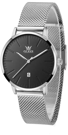 OLEVS Silber Uhr Damen Edelstahl Groß Moderne Analog Kleid Damen Armbanduhr mit Datumsanzeige Eleagnt Mesh Armband Damenuhren Schwarz Zifferblatt Ultradünne Uhren Frauen Wasserdicht Geschenke