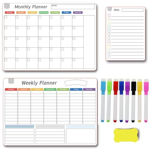 Magnetic Calendar Whiteboard Kit A3 Dry Erase Planner for Fridge (15.7x11.8) with 8 Markers | 3-in-1 Monthly/Weekly/to-Do List | Kitchen, Office & Family Organiser