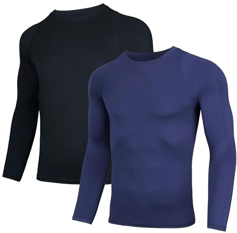 AMZSPORT Kompressionsshirt 2er Pack Herren Langarm Funktionsshirt Schnelltrocknendes Laufshirt Atmungsaktiv Sportshirt für Männer, Schwarzblau XL