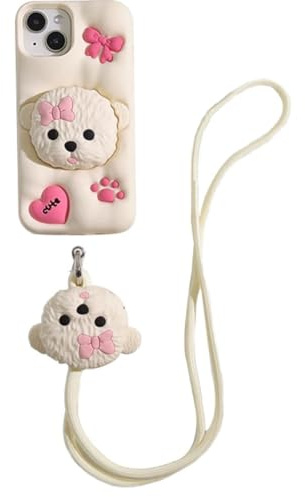 QoKcoahn Case for iPhone 11,Cute 3D Kawaii Phone Cases Funny Dog Stand White Cartoon Cover with Keychain Soft Silicone Gel Drop Protection Case Women Girls for iPhone 11