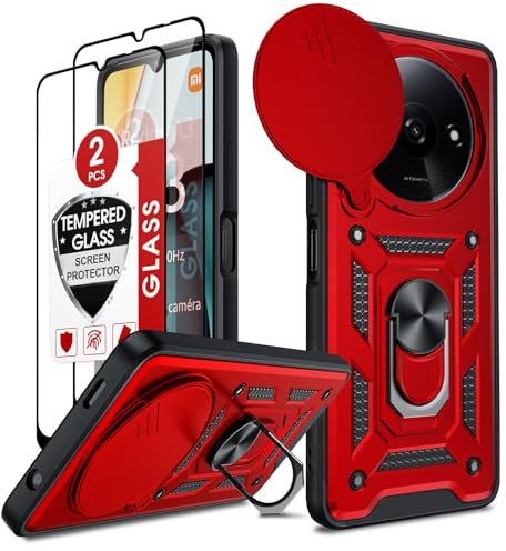 LeYi Coque pour Xiaomi Redmi A3 4G Anneau avec 2*Verre Trempé+Full Protection Caméra Coulissante, Étui de PC Dur et TPU Silicone Militaire Anti-Rayures Coque Redmi A3 4G Antichoc-Rouge