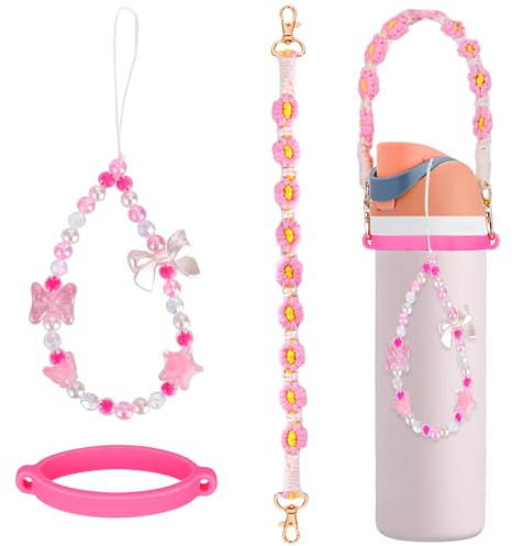 Mity rain Water Bottle Accessories Set for Owala, Including Water Bottle Handle Strap, Pink Charms, Bohemian Style Personality and Easy to Carry (Pink, Universal,Not Include Boot)